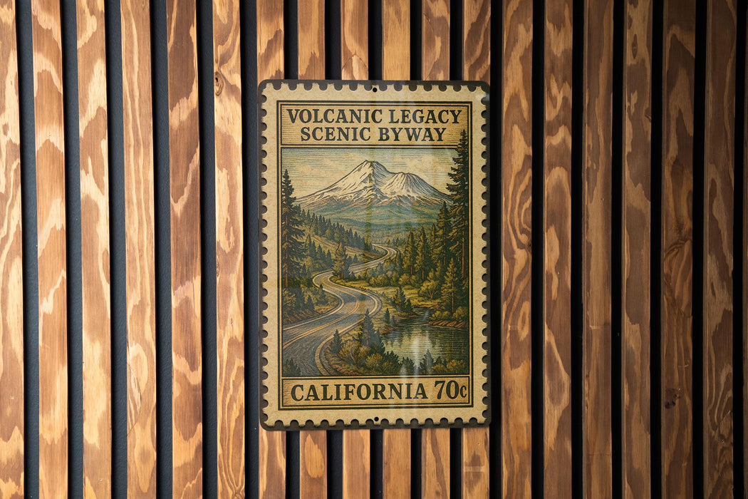 A vintage-style postage stamp from California, featuring a scenic mountain landscape with a winding road and pine trees.