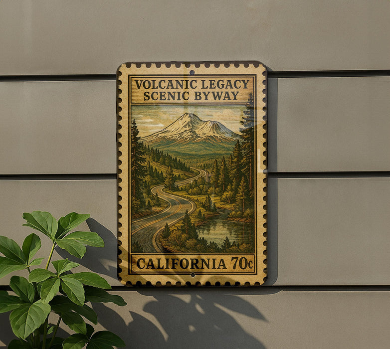 a vintage-style sign with a mountain landscape and a road, mounted on a wall.