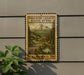 a vintage-style sign with a mountain landscape and a road, mounted on a wall.