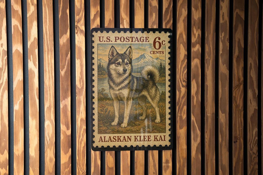 A U.S. postage stamp featuring an Alaskan Klee Kai dog, which is a breed of dog native to Alaska.