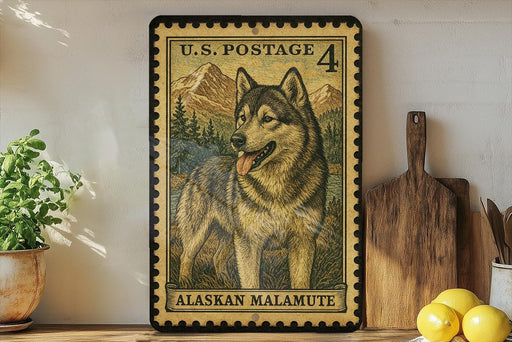 A framed U.S. postage stamp depicting a husky dog, with the text "U.S. POSTAGE 4" and "ALASKAN MALAMUTE" printed on it. The stamp is placed on a shelf next to a wooden cutting board and a potted plant.