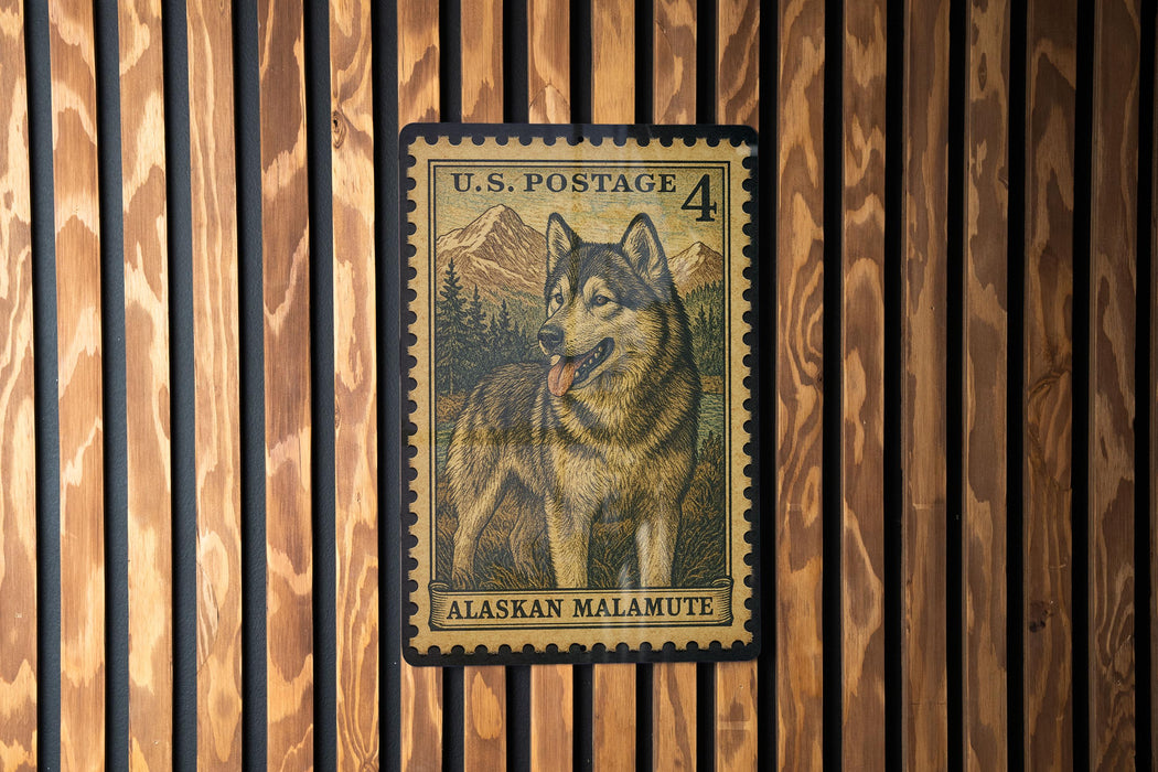 A U.S. postage stamp featuring an illustration of a brown and black wolf standing in front of a mountain landscape.