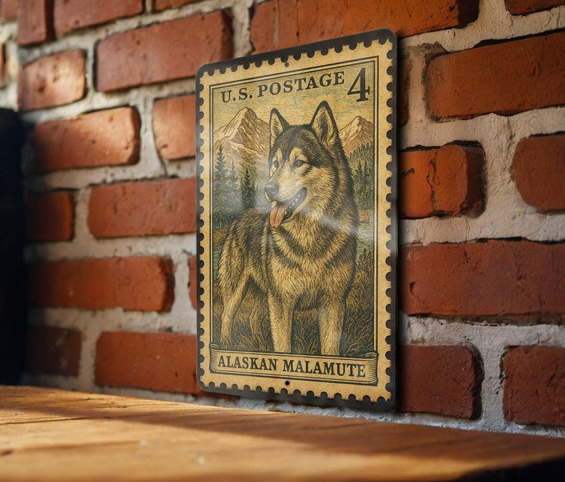 A vintage U.S. postage stamp featuring a husky dog is displayed on a brick wall.
