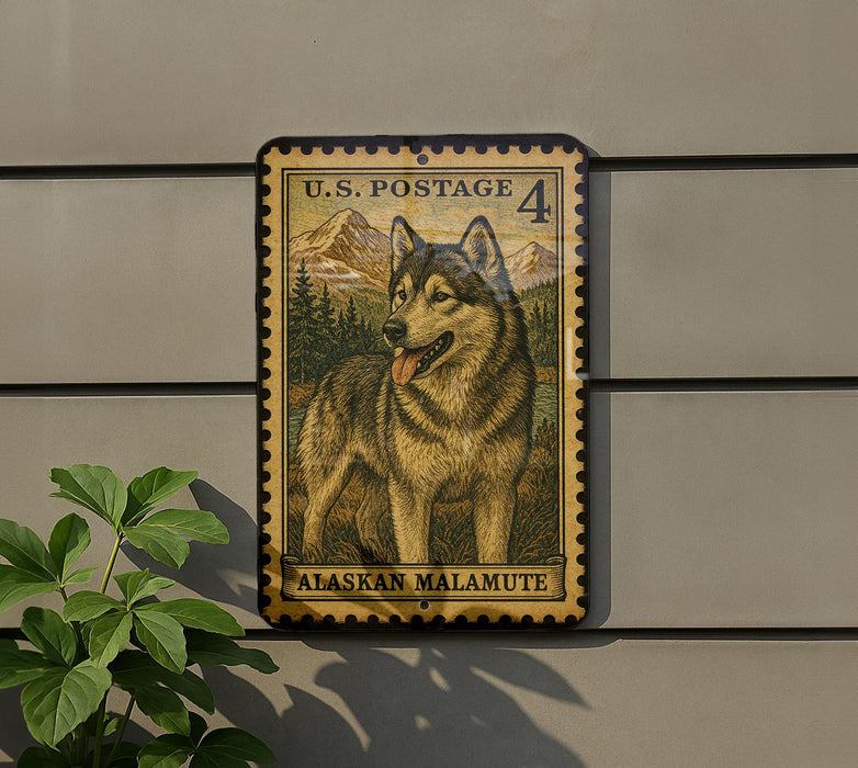 A U.S. postage stamp featuring a dog, likely an Alaskan Malamute, is mounted on a wall next to a plant.