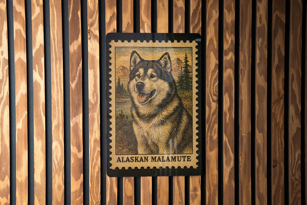 A framed image of a husky dog, likely an Alaskan Malamute, is displayed on a wooden wall.
