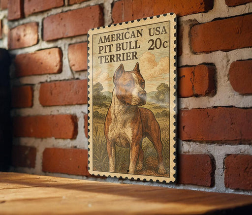 A framed illustration of a pit bull terrier dog is displayed on a brick wall.