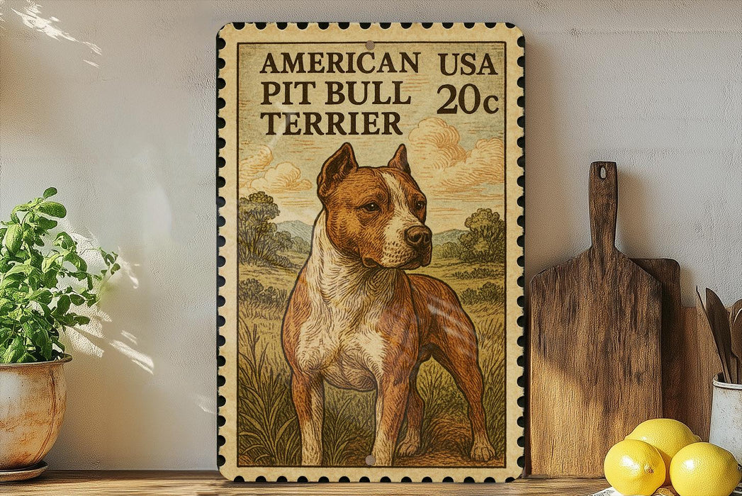 A framed illustration of an American Pit Bull Terrier dog, with a postage stamp design, is displayed on a shelf next to a wooden cutting board and some lemons.