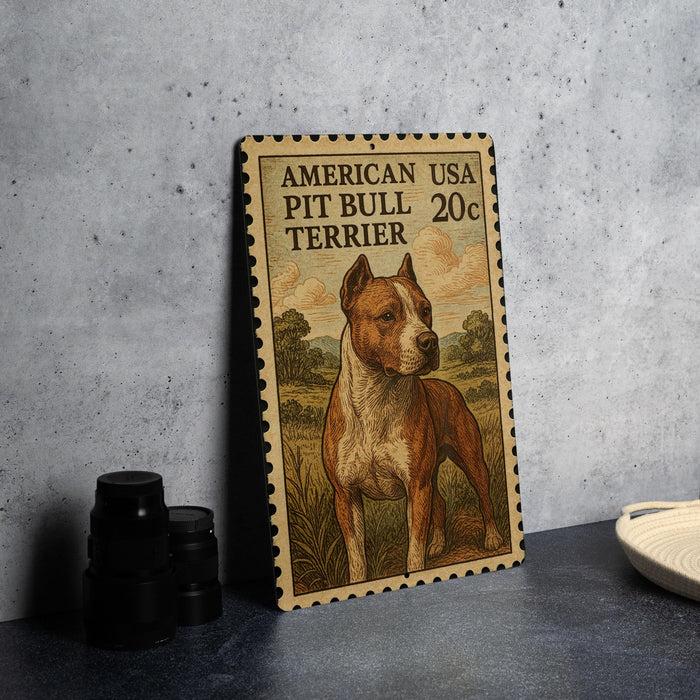 A metal stamp depicting an American Pit Bull Terrier, with the text "AMERICAN USA PIT BULL TERRIER 20c" printed on it.