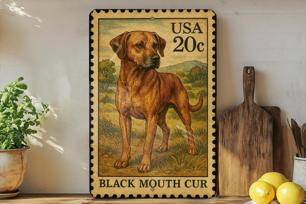 A vintage-style stamp depicting a brown dog standing in a grassy field, with the text "USA 20c BLACK MOUTH CUR" printed on it.