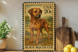 A vintage-style stamp depicting a brown dog standing in a grassy field, with the text "USA 20c BLACK MOUTH CUR" printed on it.