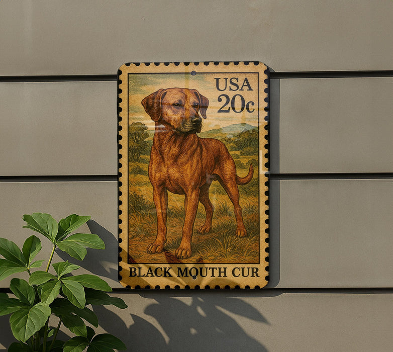 A metal sign with a stamp depicting a dog, mounted on a wall.