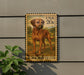 A metal sign with a stamp depicting a dog, mounted on a wall.