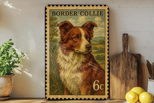 A vintage-style metal stamp depicting a Border Collie dog, with the text "BORDER COLLIE" and the denomination "6c". The stamp is placed on a shelf next to a wooden cutting board and a potted plant.