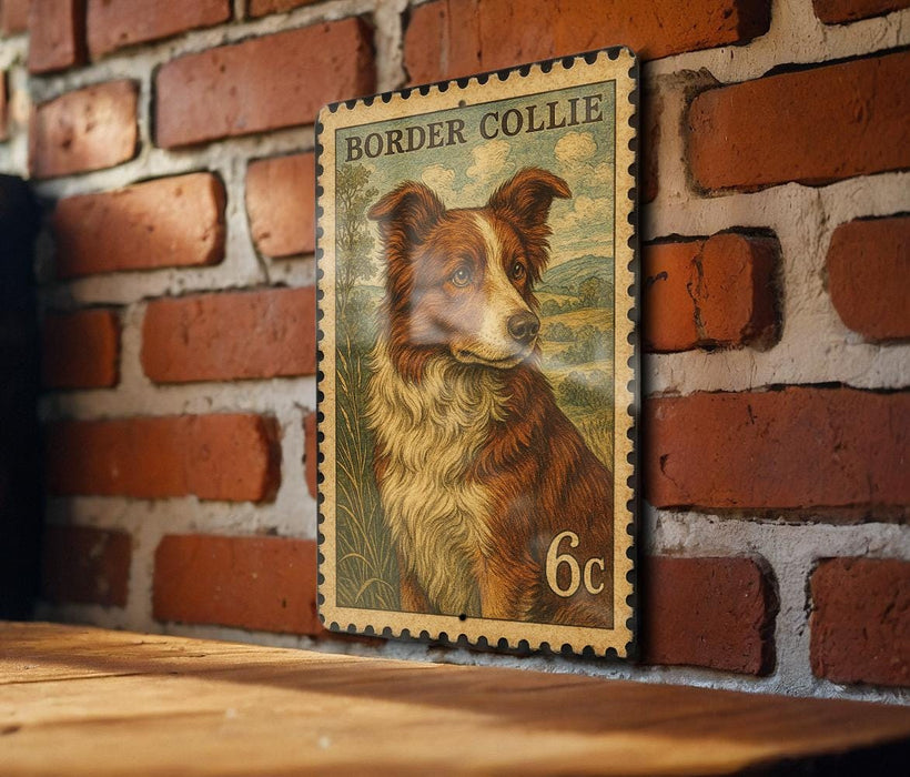 A vintage-style border collie postage stamp is displayed on a brick wall, with a wooden table below it.