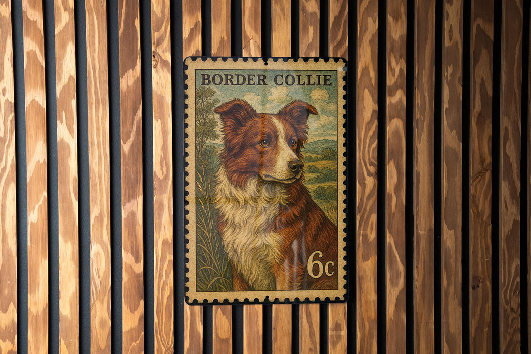 A vintage-style Border Collie postage stamp is displayed on a wooden wall.