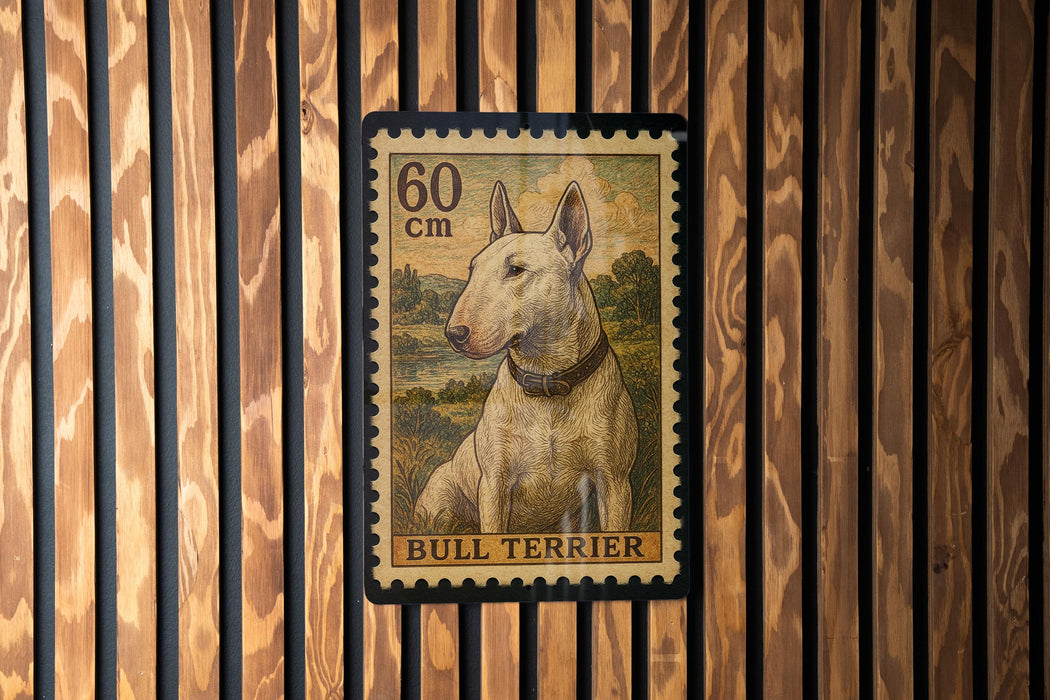 A bull terrier dog is depicted on a postage stamp, which is mounted on a wooden wall.