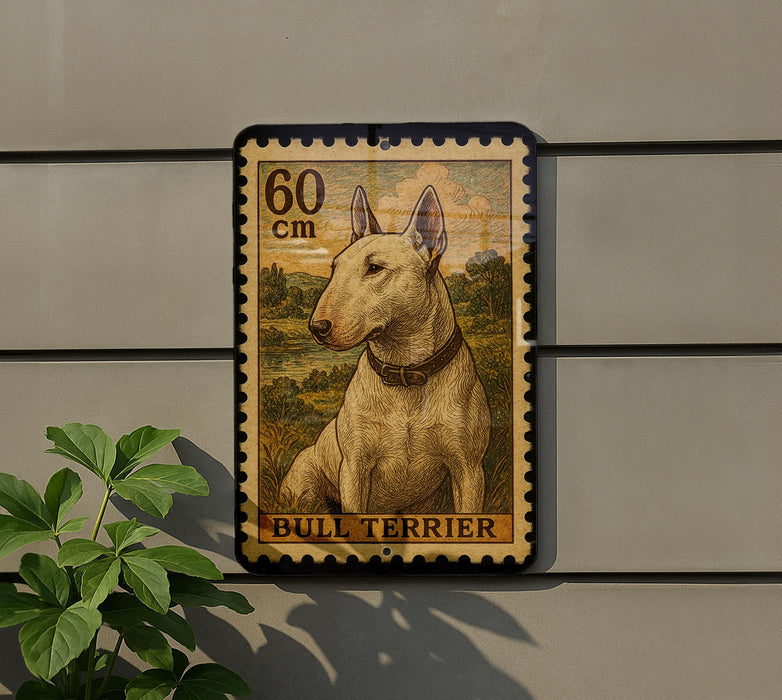 A bull terrier dog is depicted on a postage stamp-like sign, mounted on a wall.
