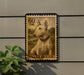 A bull terrier dog is depicted on a postage stamp-like sign, mounted on a wall.