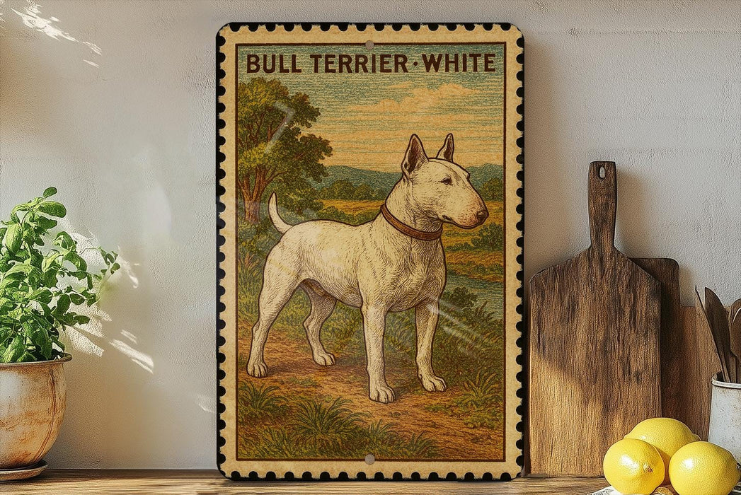 a bull terrier painted on a wooden frame, standing on a dirt path in a rural setting.
