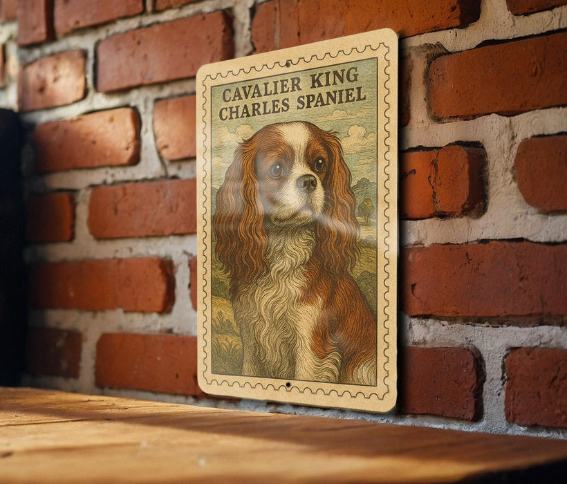 a framed illustration of a Cavalier King Charles Spaniel dog on a brick wall.