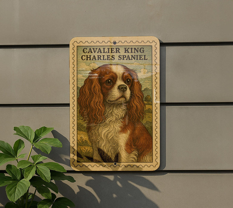 a framed illustration of a Cavalier King Charles Spaniel dog, which is mounted on a wall.