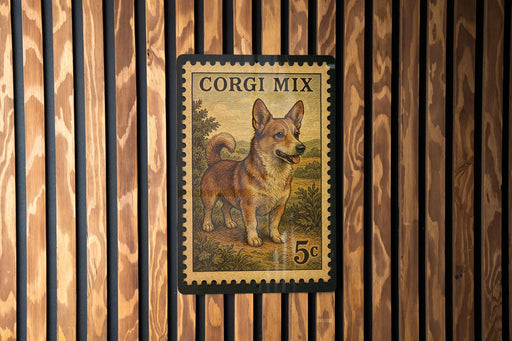 A Corgi Mix postage stamp is displayed on a wooden wall.