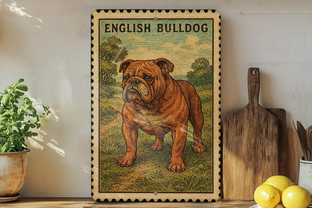 a framed illustration of an English Bulldog standing on a grassy field.