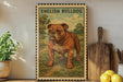 a framed illustration of an English Bulldog standing on a grassy field.