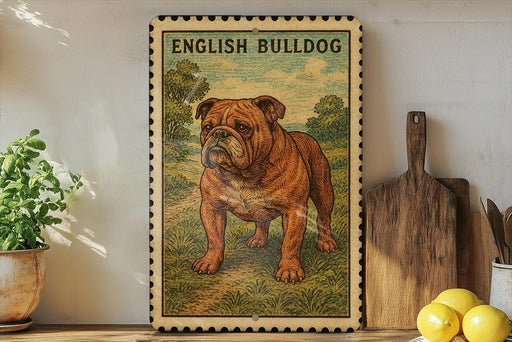 a framed illustration of an English Bulldog standing on a grassy field.