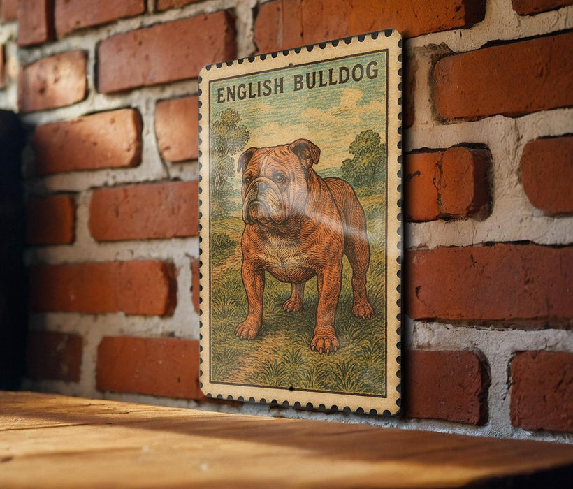 a large, detailed illustration of an English Bulldog on a brick wall.