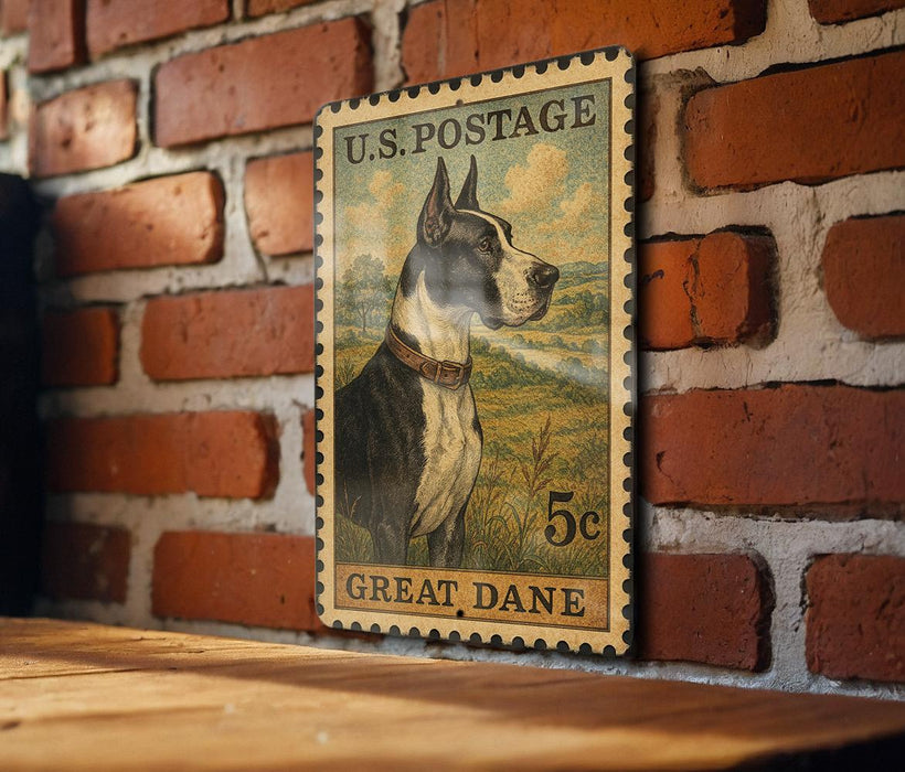 A vintage postage stamp featuring a Great Dane dog, mounted on a brick wall.