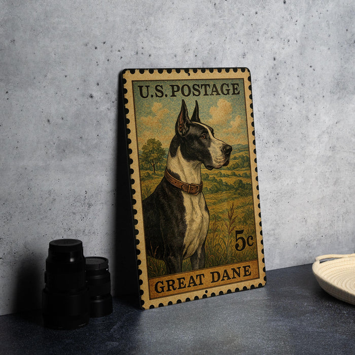 A U.S. postage stamp featuring a Great Dane dog, placed on a table next to some black camera lenses.
