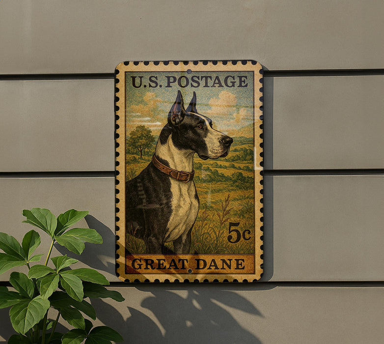 A U.S. postage stamp featuring a Great Dane dog, mounted on a wall next to a plant.