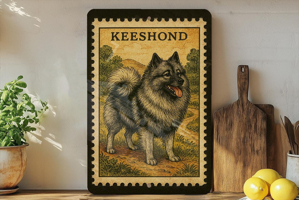 A framed illustration of a dog, specifically a Keeshond, is displayed on a shelf next to a wooden cutting board and some lemons.