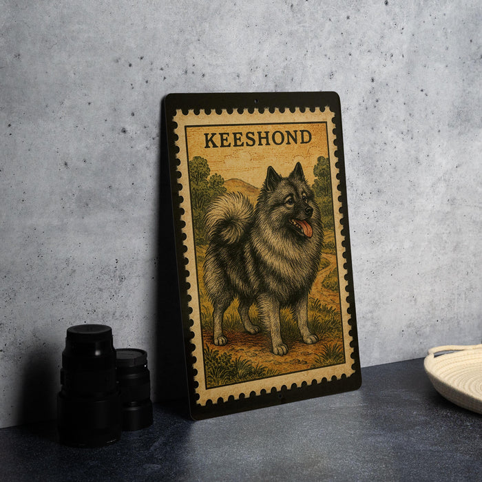 A framed illustration of a dog, specifically a Pomeranian, is displayed on a wall.