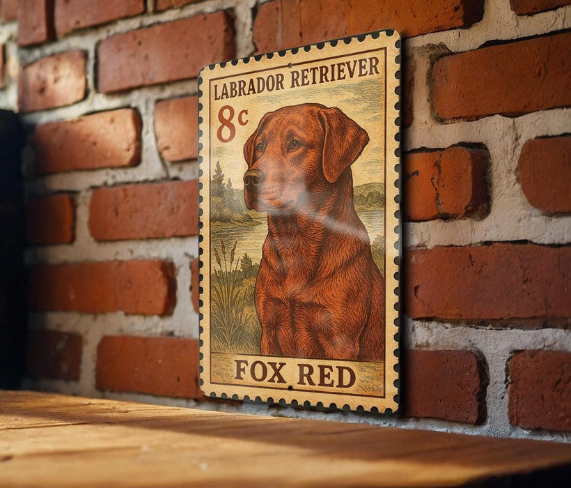 A wooden frame with a vintage-style illustration of a Labrador Retriever dog, mounted on a brick wall.