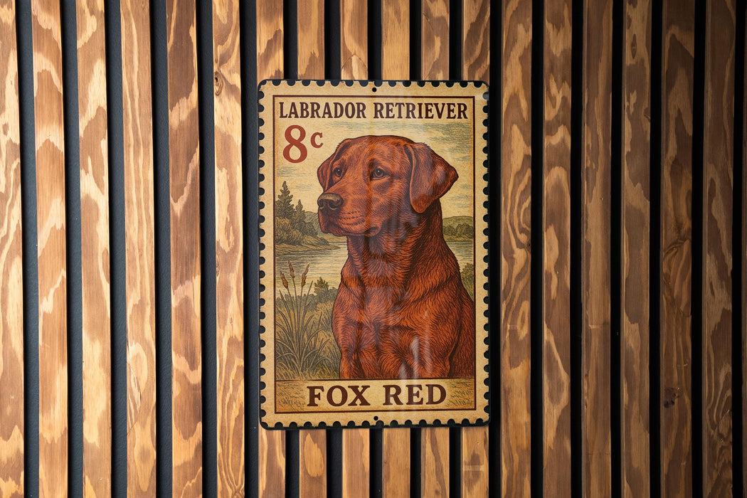 A metal stamp featuring a Labrador Retriever dog, with the text "LABrador Retriever 8c" and "FOX RED" printed on it.