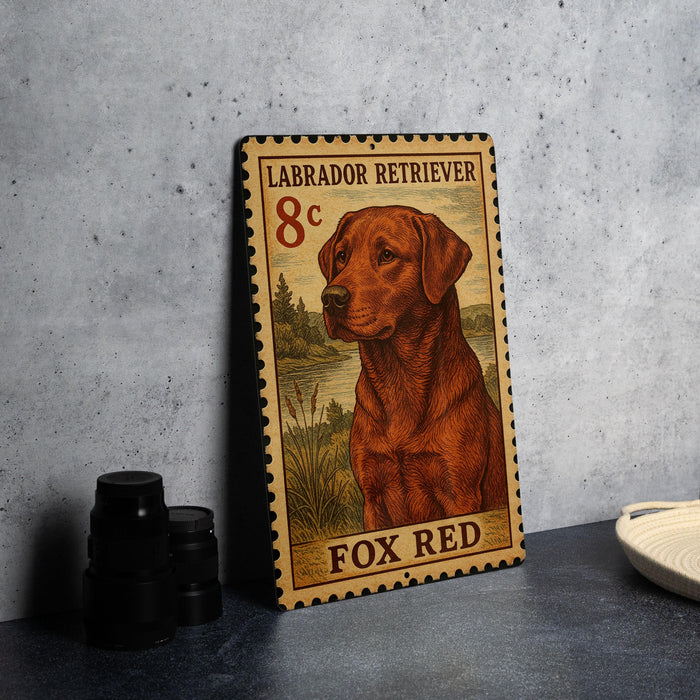 A metal sign featuring a Labrador Retriever dog, with a postage stamp design, is displayed on a table.