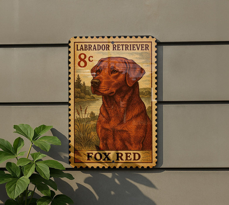 a wooden sign with a Labrador Retriever illustration, mounted on a wall.