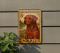 a wooden sign with a Labrador Retriever illustration, mounted on a wall.