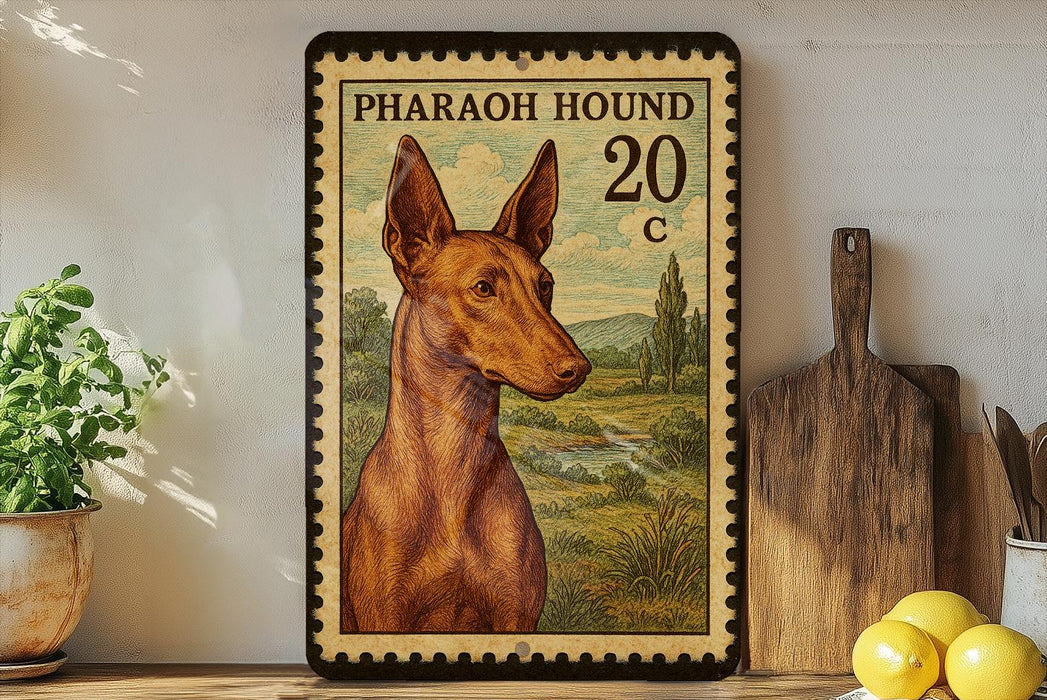 A framed illustration of a brown Egyptian Hound dog, with a vintage-style stamp design, is displayed on a shelf next to a wooden cutting board and some lemons.