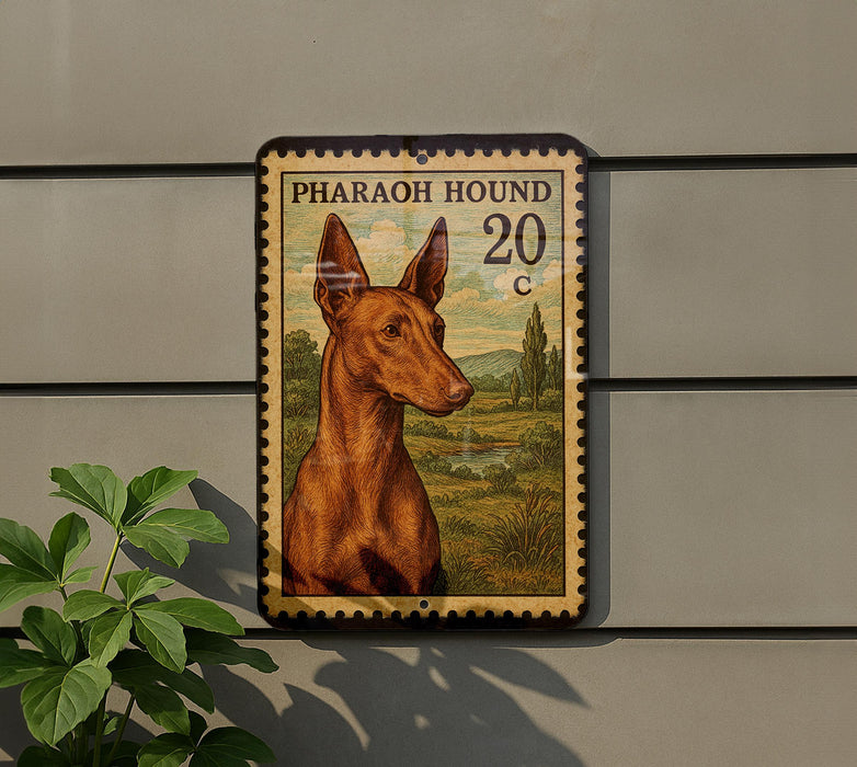 a brown dog, specifically a brown hound, depicted on a postage stamp-like frame.