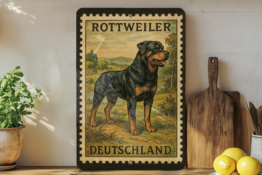 a vintage-style stamp or poster of a Rottweiler dog, with the text "ROTTWEILER DEUTSCHLAND" printed on it. The poster is displayed on a shelf, surrounded by various kitchen items such as a cutting board, a knife, and a bowl.