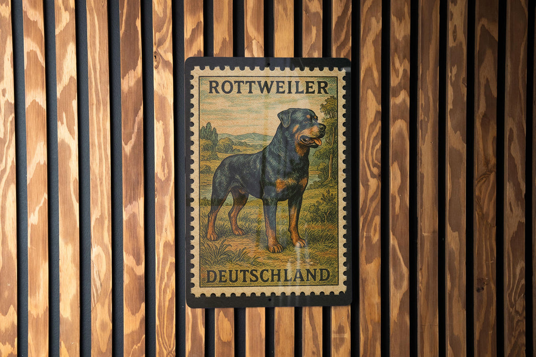 A vintage Rottweiler dog stamp from Germany, featuring a black and brown Rottweiler standing in a grassy field.