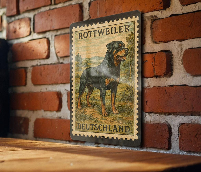 A metal sign featuring a rottweiler dog, with the text "Rottweiler Deutschland" printed on it, mounted on a brick wall.