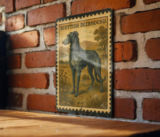 A metal sign with a picture of a Scottish deerhound dog on it, mounted on a brick wall.