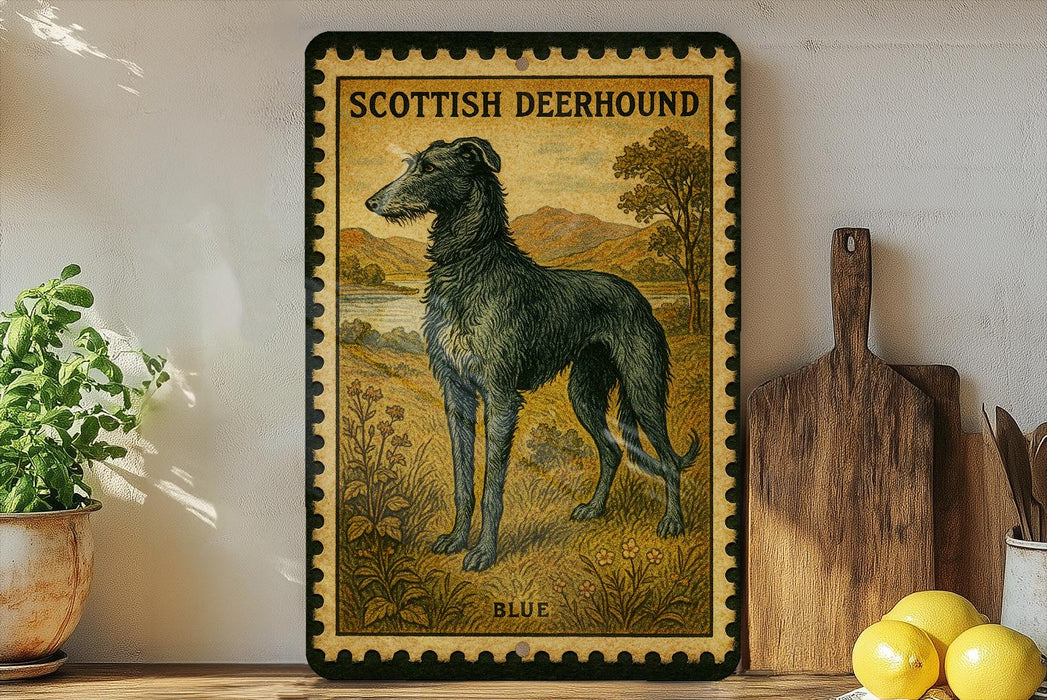 a framed illustration of a Scottish deerhound dog, with a wooden cutting board and a potted plant in the background.
