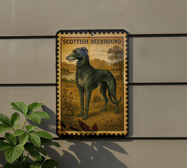a sign depicting a Scottish deerhound, a breed of hunting dog known for its speed and agility.
