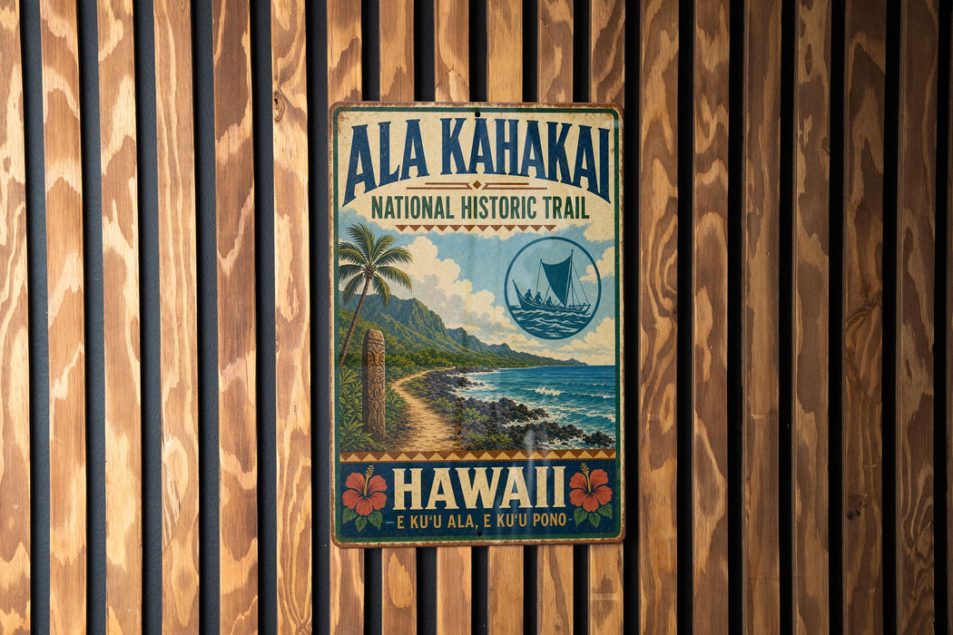A vintage-style metal sign for the National Historic Trail in Hawaii, featuring a tropical landscape with a palm tree, mountains, and a boat on the water.