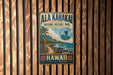 A vintage-style metal sign for the National Historic Trail in Hawaii, featuring a tropical landscape with a palm tree, mountains, and a boat on the water.
